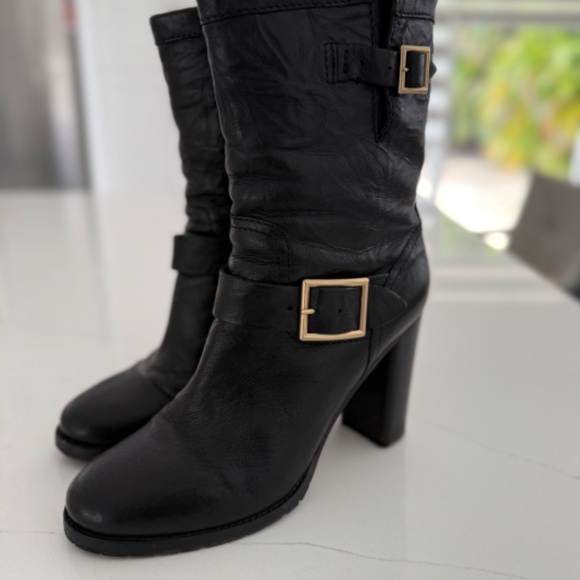 Jimmy Choo DART Black Leather Mid Calf Distressed Boots Block Heel - Picture 7 of 11